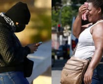 Montagem com fotos de pessoa agasalha mexendo no celular em dia frio e de mulher de regata secando suor do rosto em dia quente