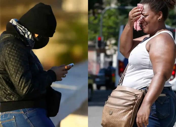 Montagem com fotos de pessoa agasalha mexendo no celular em dia frio e de mulher de regata secando suor do rosto em dia quente