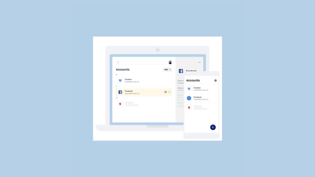 Montagem mostrando janelas do Dropbox Passwords em notebook e celular