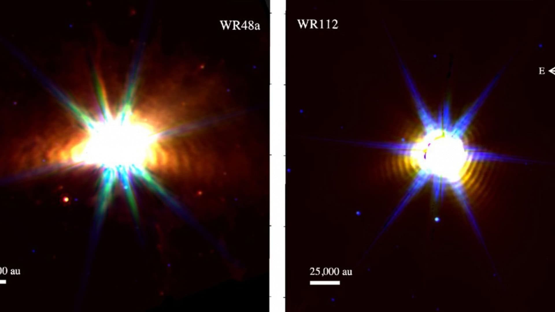 Telescópio James Webb revelou quatro novas estrelas Wolf-Rayet. Na imagem: os astros WR48a e WR112.