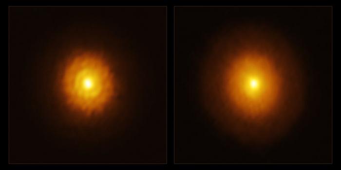 pesquisadores pensaram que MP Mus era uma estrela sozinha. Na esquerda, imagem da nova observação, quando a equipe descobriu o exoplaneta.