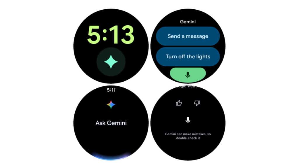 Montagem com capturas de tela de smartwatch com Wear OS e Gemini instalado