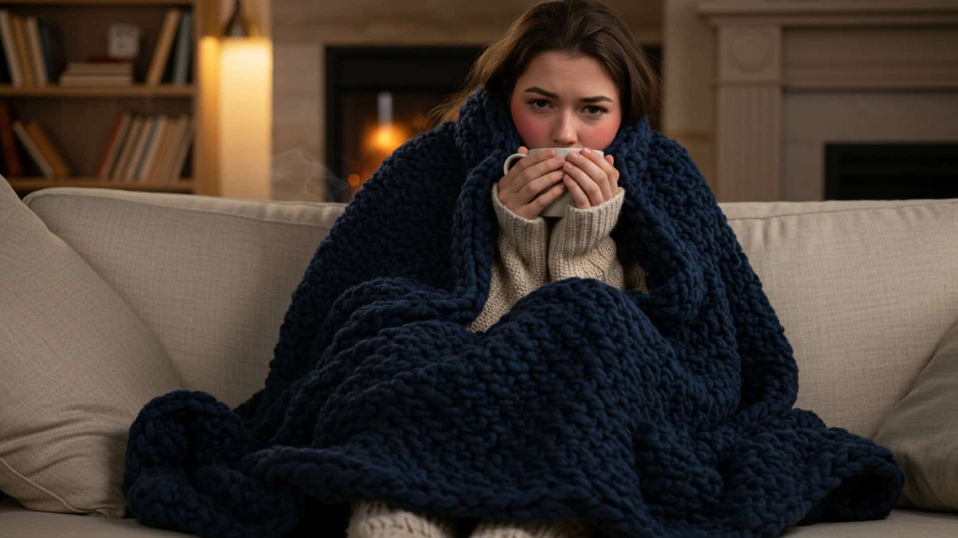 mulher coberta com frio em sua casa