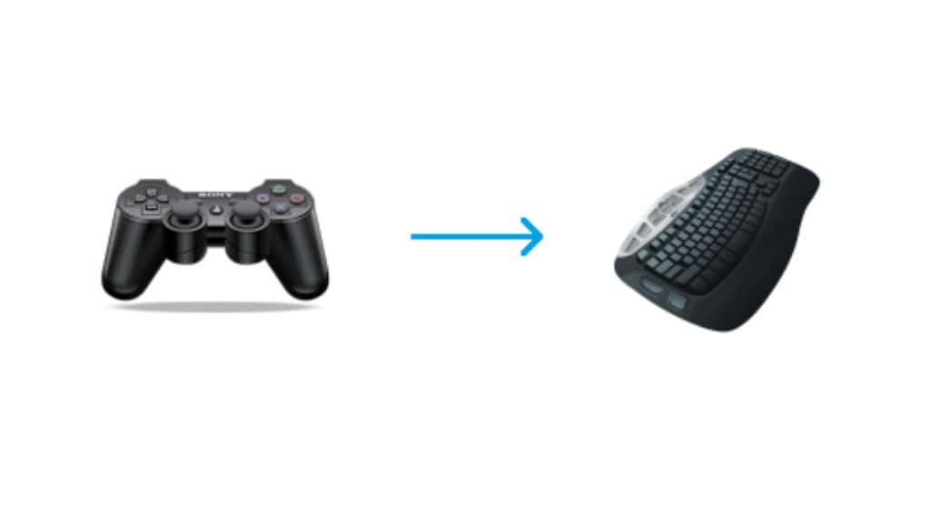 um controle de video game com um flecha apontando para um teclado de computador