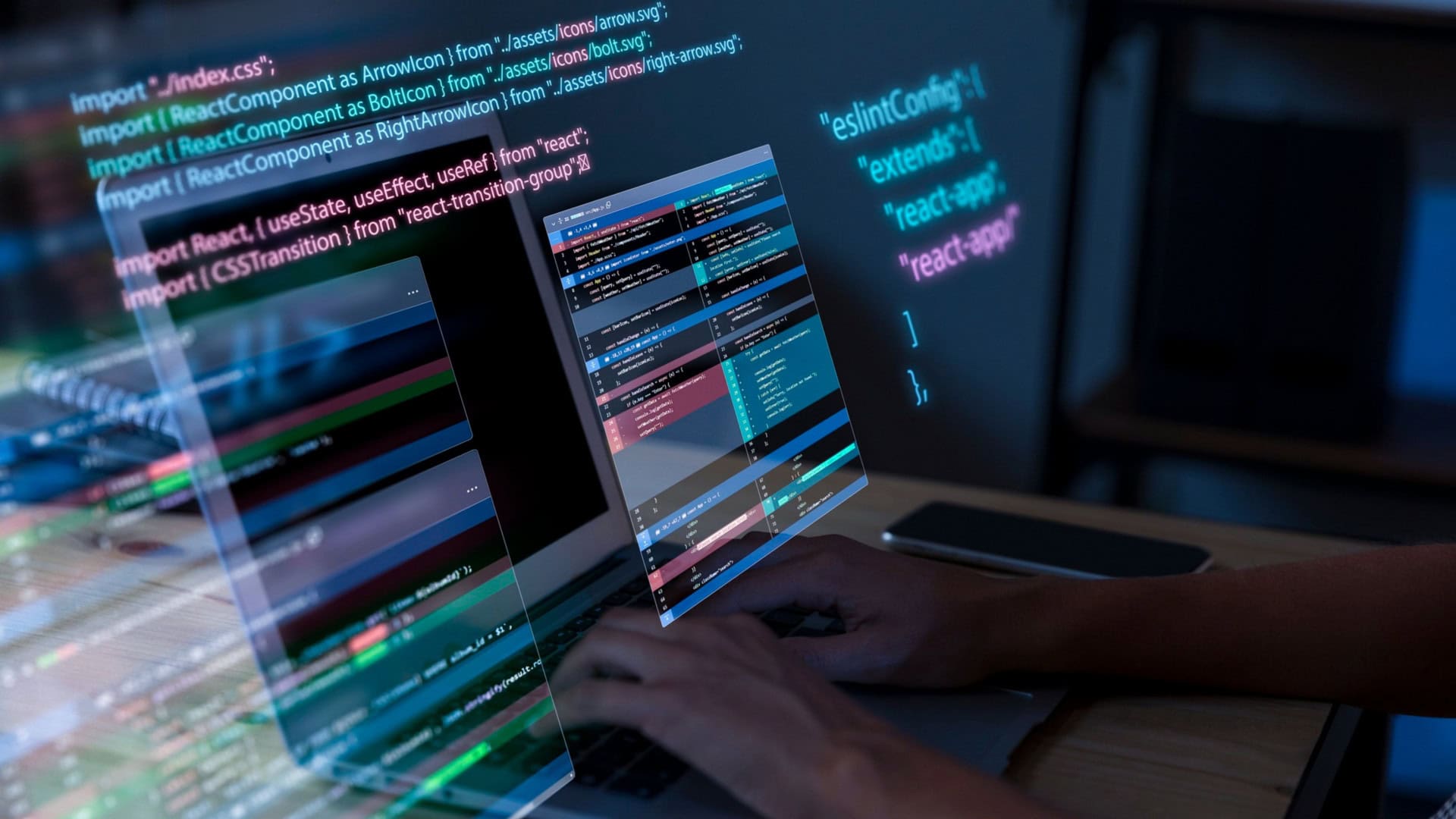 imagem de alguém que digita no computador com telas de códigos flutuantes