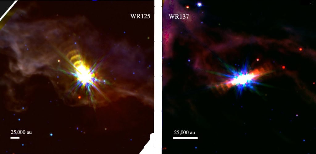 Entender as estrelas WR poderá revelar novas informações sobre a poeira cósmica. Na imagem: sistemas WR125 e WR137.