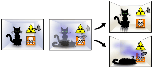 Desenho ilustrando o experimento do Gato de Schrödinger, com uma caixa fechada contendo um gato e um mecanismo quântico, representando a ideia de que o animal está simultaneamente vivo e morto até a observação.