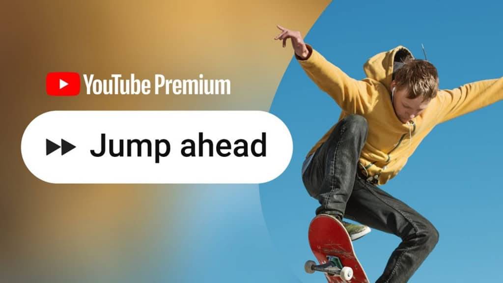 Montagem com foto de menino fazendo manobra com skate, logomarca do YouTube Premium e botão escrito "Jump ahead"