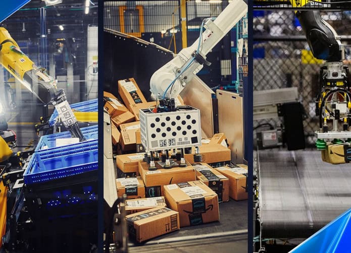 robôs da amazon trabalhando em armazéns