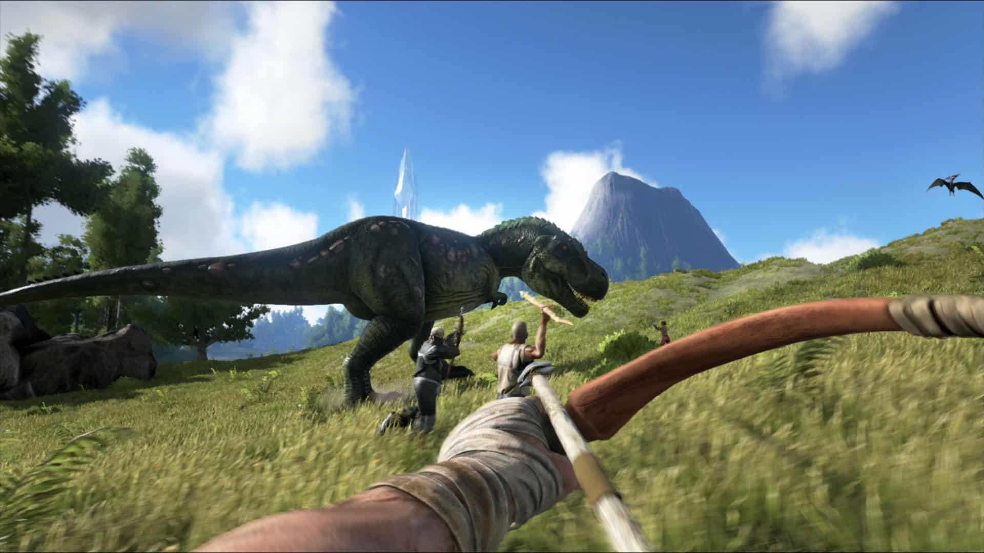 jogo com um personagem apontado uma flecha par aum dinossauro