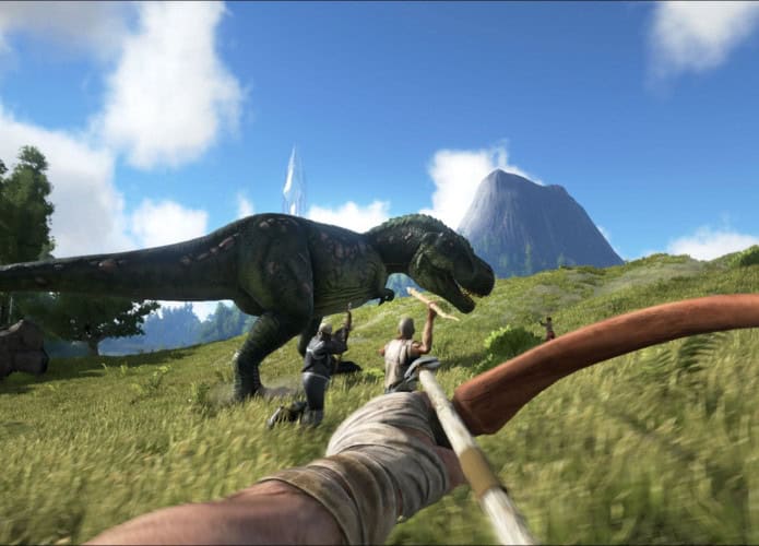 jogo com um personagem apontado uma flecha par aum dinossauro