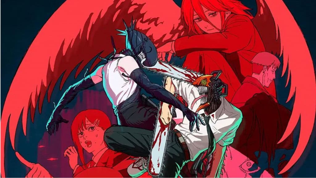 personagem com cabeça de motoserra ao centro lutando contra outro monstro com outros personagens no fundo da imagem, em tons vermelhos