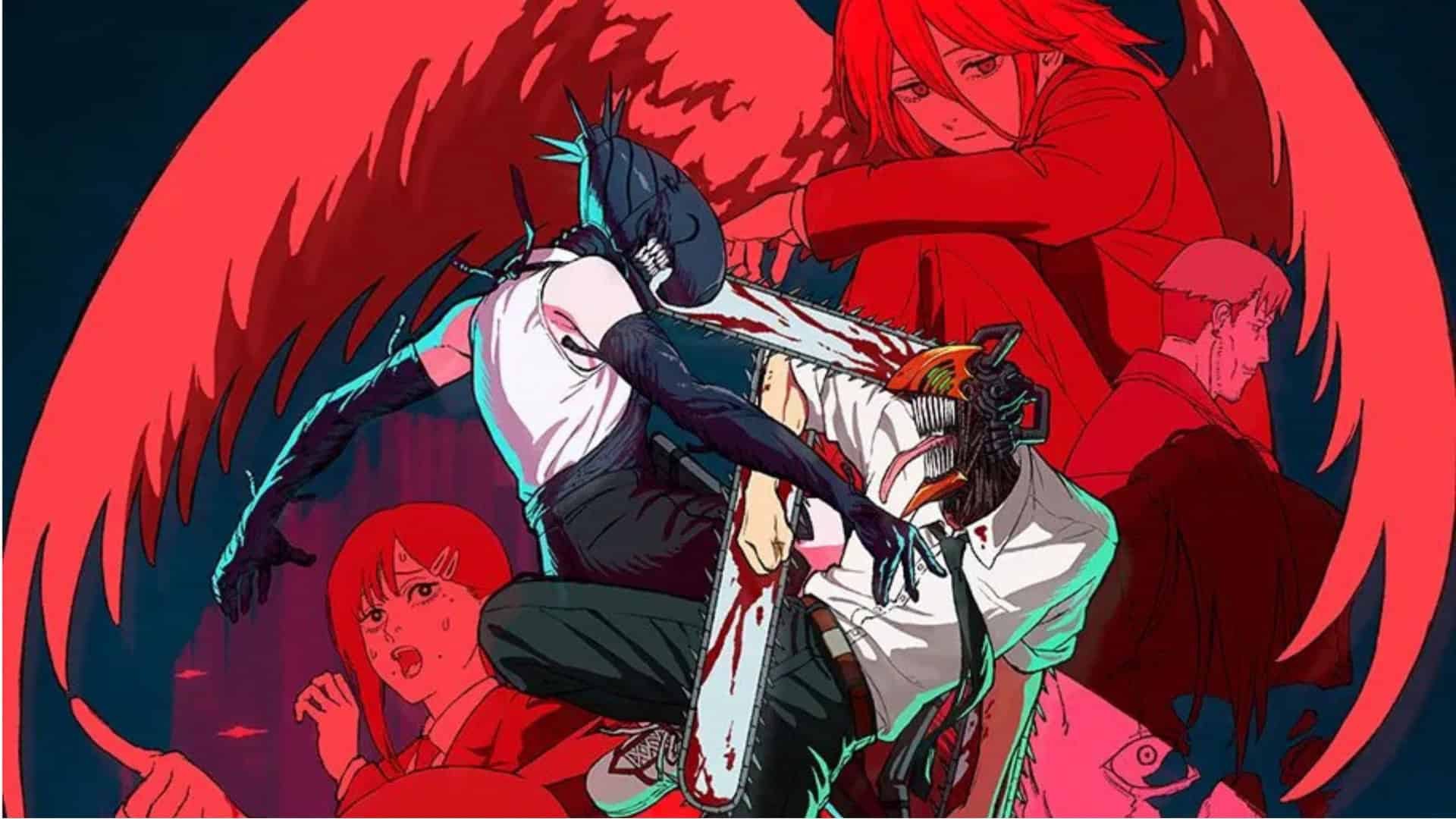 personagem com cabeça de motoserra ao centro lutando contra outro monstro com outros personagens no fundo da imagem, em tons vermelhos