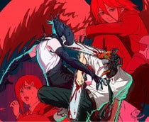 personagem com cabeça de motoserra ao centro lutando contra outro monstro com outros personagens no fundo da imagem, em tons vermelhos