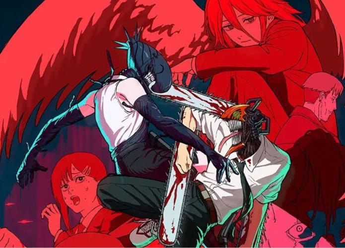 personagem com cabeça de motoserra ao centro lutando contra outro monstro com outros personagens no fundo da imagem, em tons vermelhos