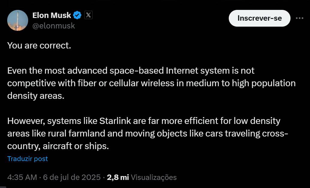 Starlink de Elon Musk funciona bem se quase ninguém usar, aponta ...