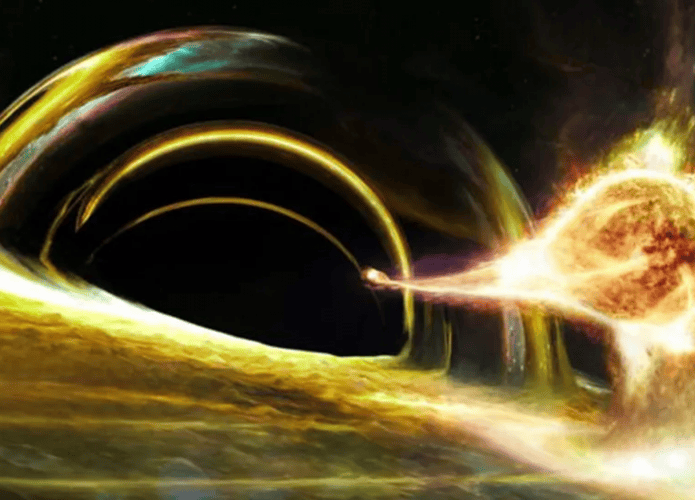 Ilustração de um buraco negro supermassivo devorando uma estrela