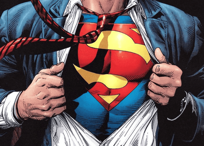 Superman abrindo seu terno e revelando o S no seu peito