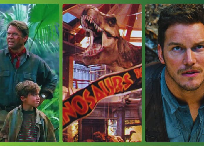 um homem adulto e uma criança, um dinossauro t rex e um homem olhando para cima