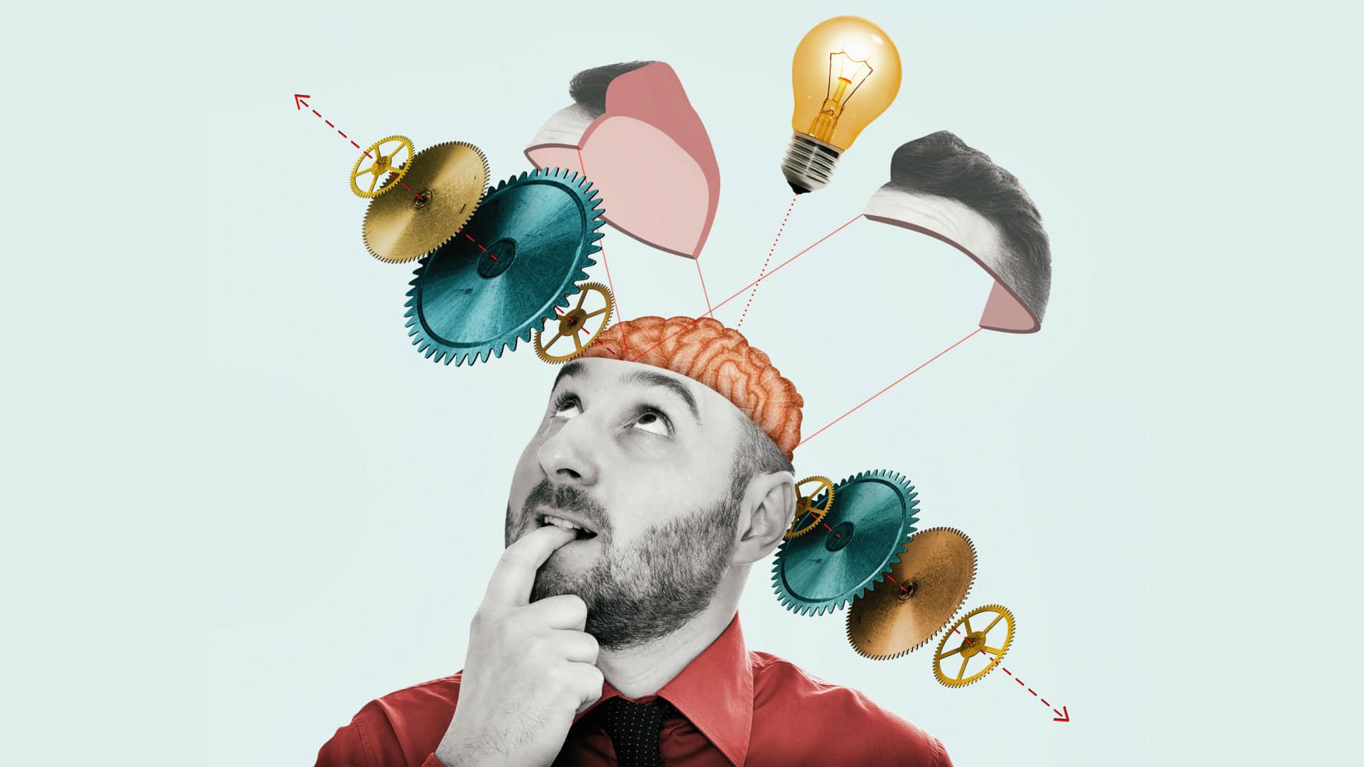 Colagem artística com o conceito de processo de pensamento, engenhosidade e novas ideias criativas.