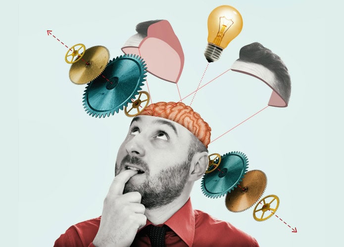 Colagem artística com o conceito de processo de pensamento, engenhosidade e novas ideias criativas.