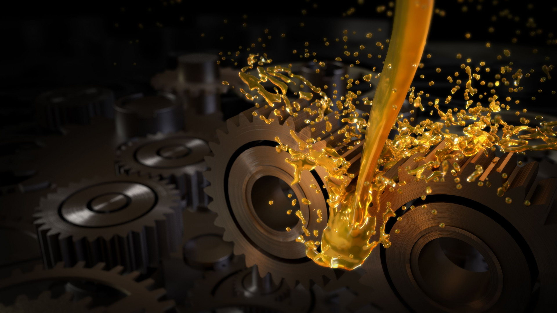 Imagem ilustrativa mostra close-up de onda de óleo salpicando em engrenagens, Conceito de óleo de motor lubrificado e engrenagens, renderização 3D