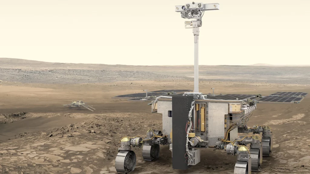 Ilustração do rover Rosalind Franklin planejado na superfície de Marte