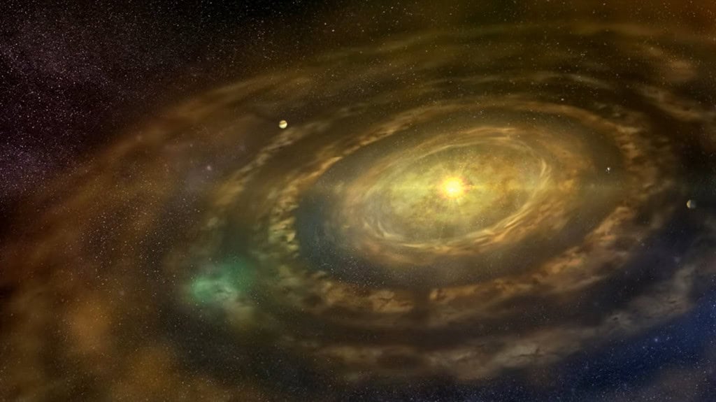 planetas do sistema solar nascendo dentro de um disco protoplanetário