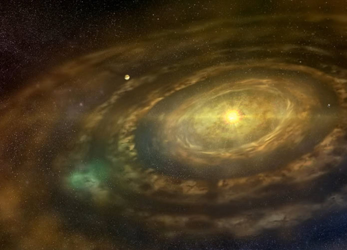 planetas do sistema solar nascendo dentro de um disco protoplanetário