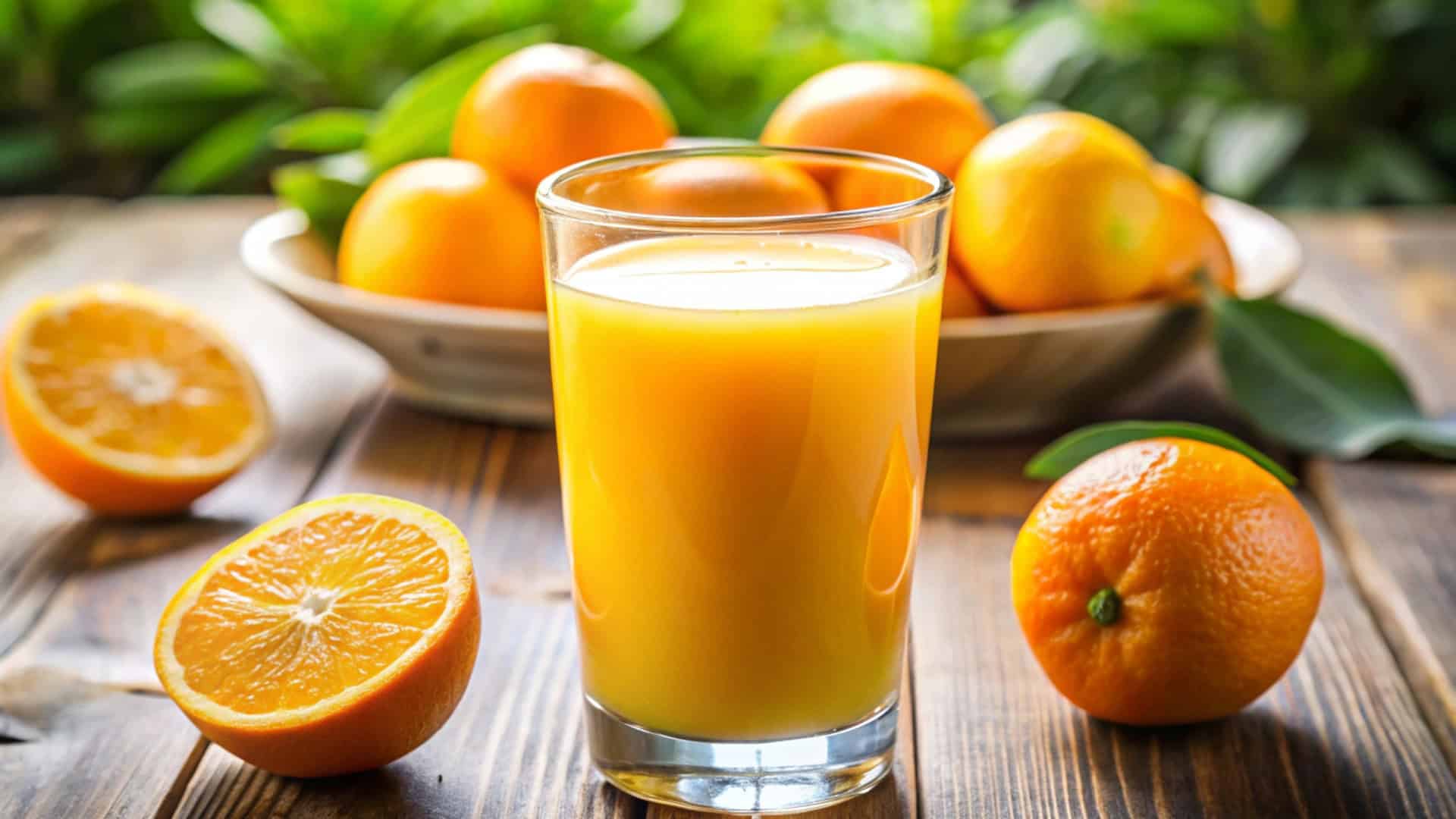 Laranjas com um copo com suco de laranja