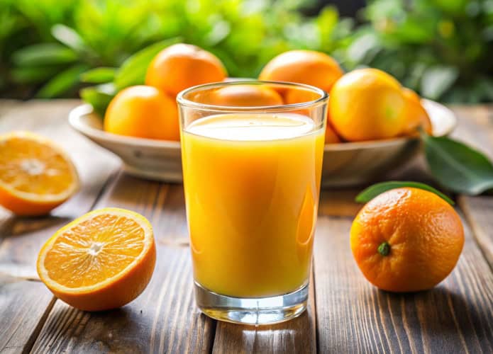 Laranjas com um copo com suco de laranja