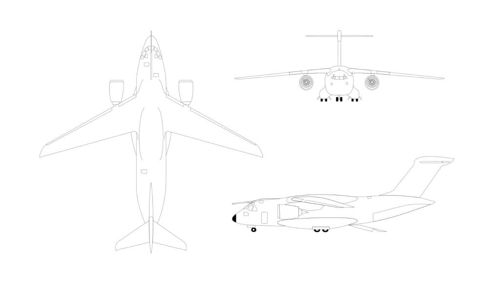 Desenhos mostrando avião cargueiro militar KC-390, da Embraer, visto de cima, frente e lado esquerdo