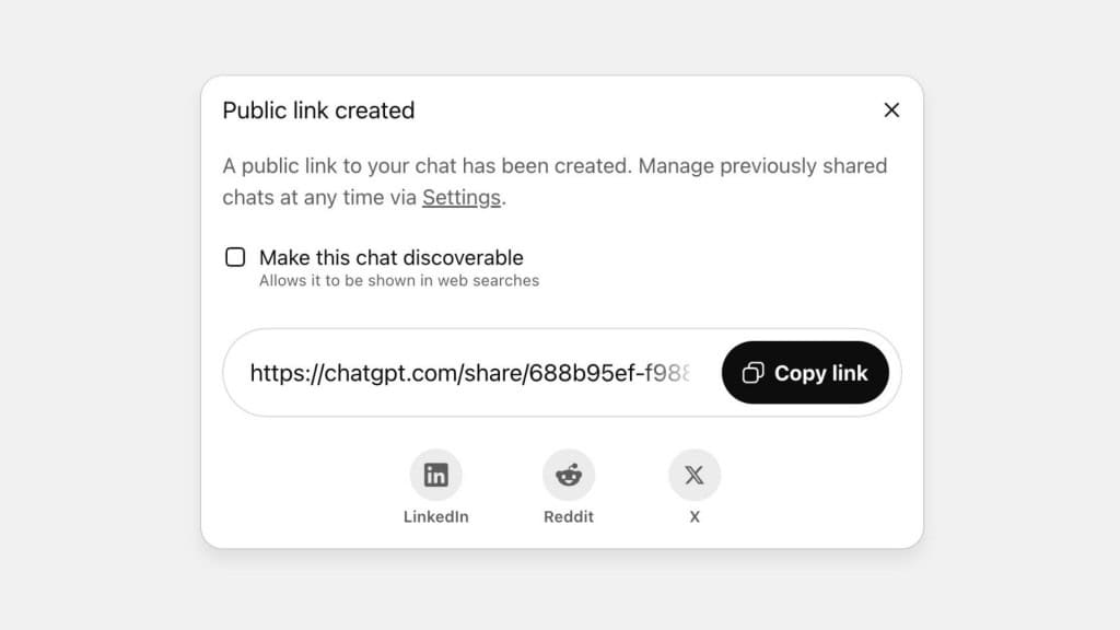 Captura de tela mostrando criação de link público de conversa com o ChatGPT que seria usado por recurso de indexação de conversas em mecanismos de busca