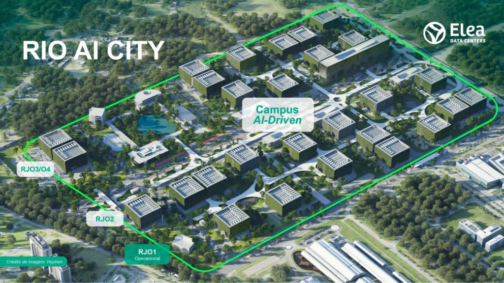 Ilustração de visão aérea do Rio AI City, um dos complexos de data centers a ser construído no Brasil
