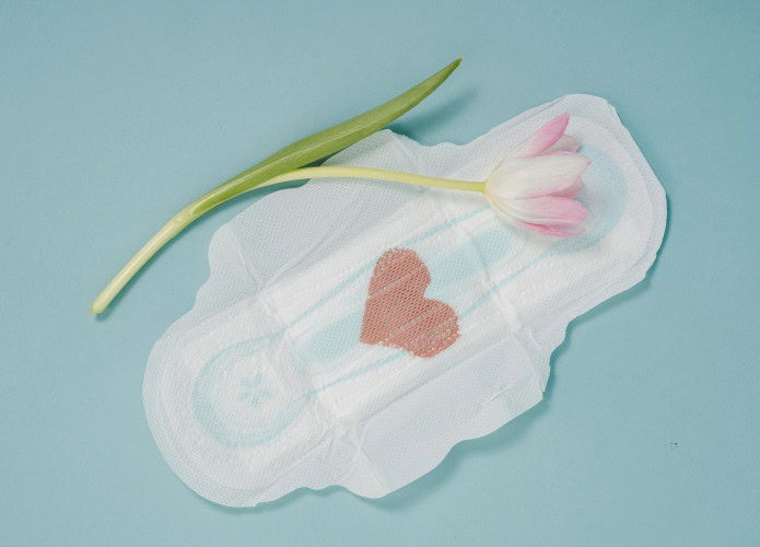 Um absorvente branco com um coração vermelho no centro está sobre fundo azul claro. Uma tulipa rosa e branca repousa diagonalmente sobre o absorvente.