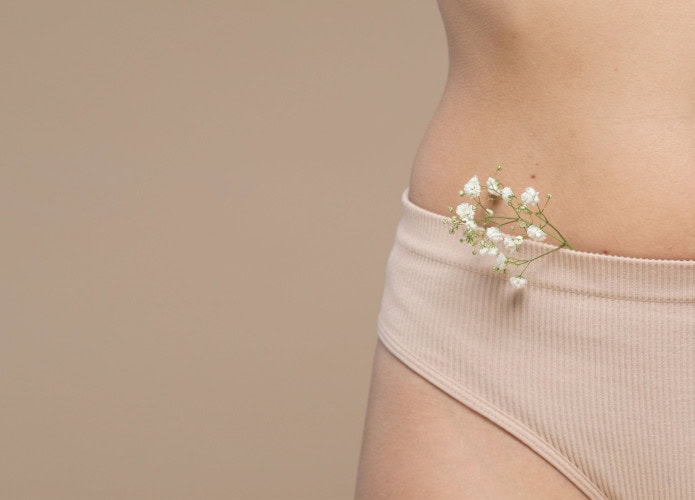 A imagem mostra o abdômen inferior de uma pessoa usando uma calcinha bege. Pequenas flores brancas estão delicadamente posicionadas na borda da peça íntima. O visual mistura suavidade natural com elementos femininos, criando uma composição estética e sutil.