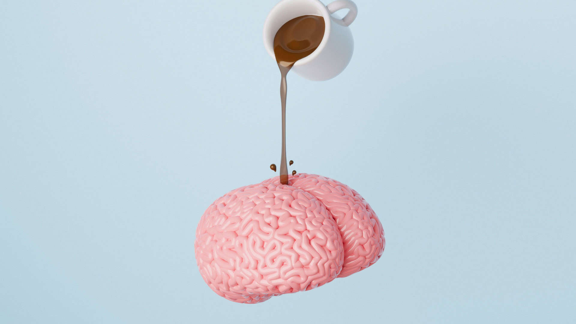 Café derramado sobre o cérebro. Despertar do cérebro com café. Renderização 3D.