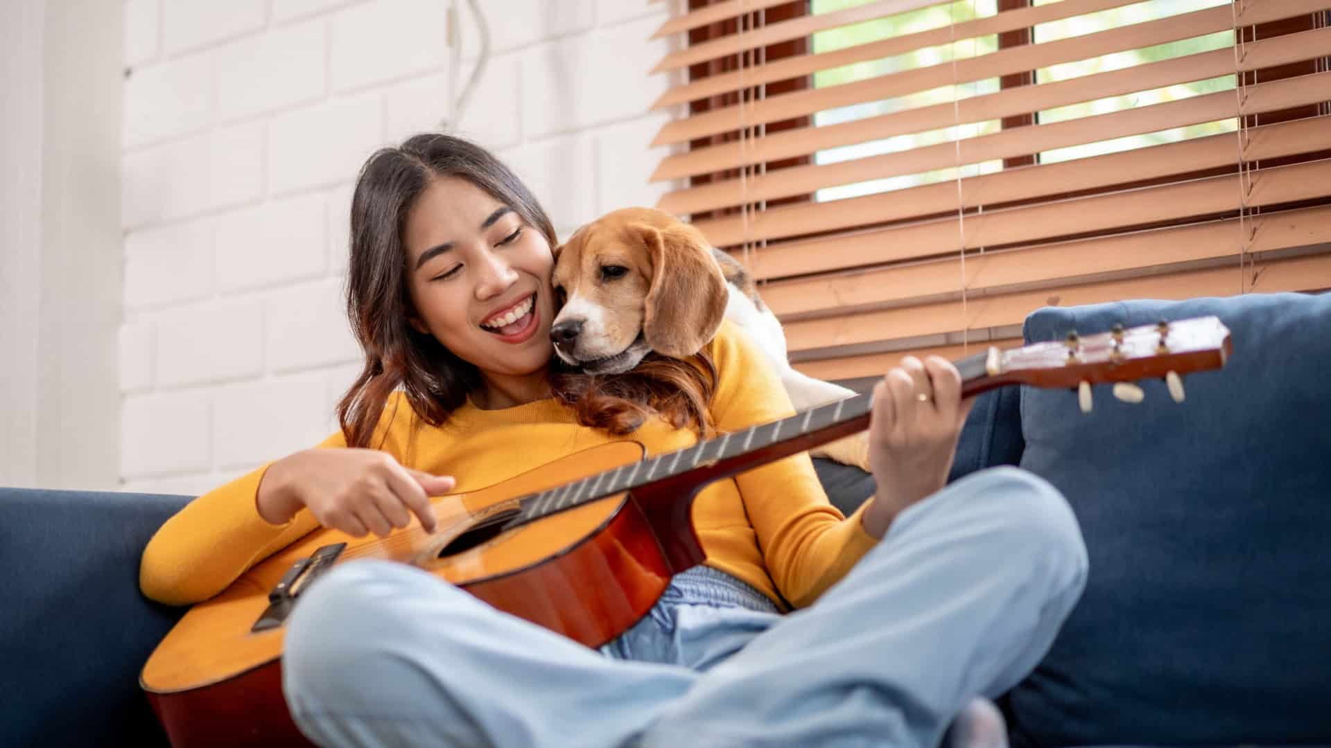 Mulher asiática atraente brinca com seu cachorro beagle na sala de estar de casa. Jovem dona sente-se feliz e relaxada, aproveita para tocar violão e passar momentos de lazer com seu adorável filhote de estimação dentro de casa.