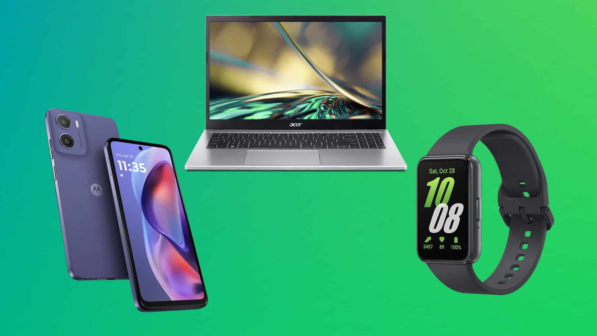 Montagem com celular da Motorola, notebook da Acer e smartwatch da Samsung