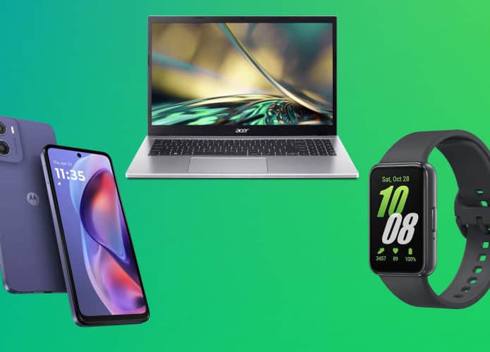 Montagem com celular da Motorola, notebook da Acer e smartwatch da Samsung