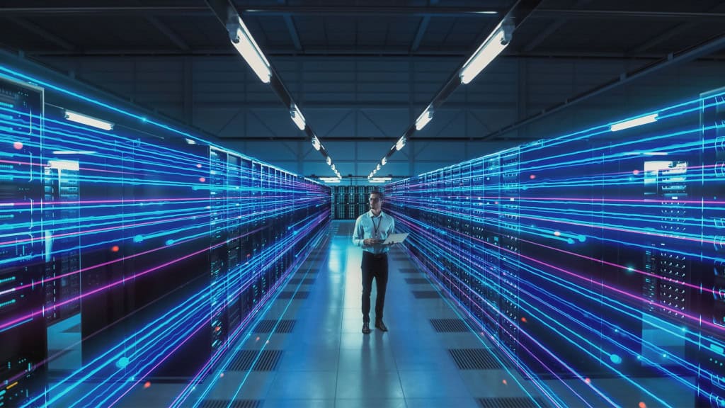 Ilustração de homem andando em data center com linhas de dados ao redor dele