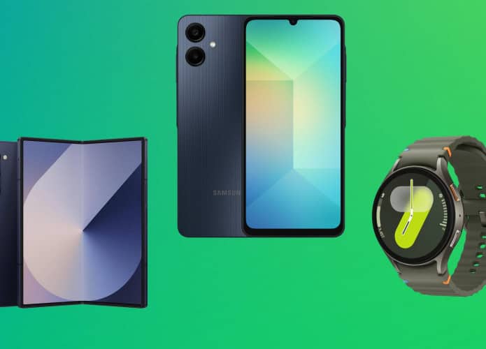 Montagem com celulares Galaxy Z Fold 6 e Galaxy A06, além do smartwatch Galaxy Watch 7, todos em oferta na Amazon para o Dia dos Pais