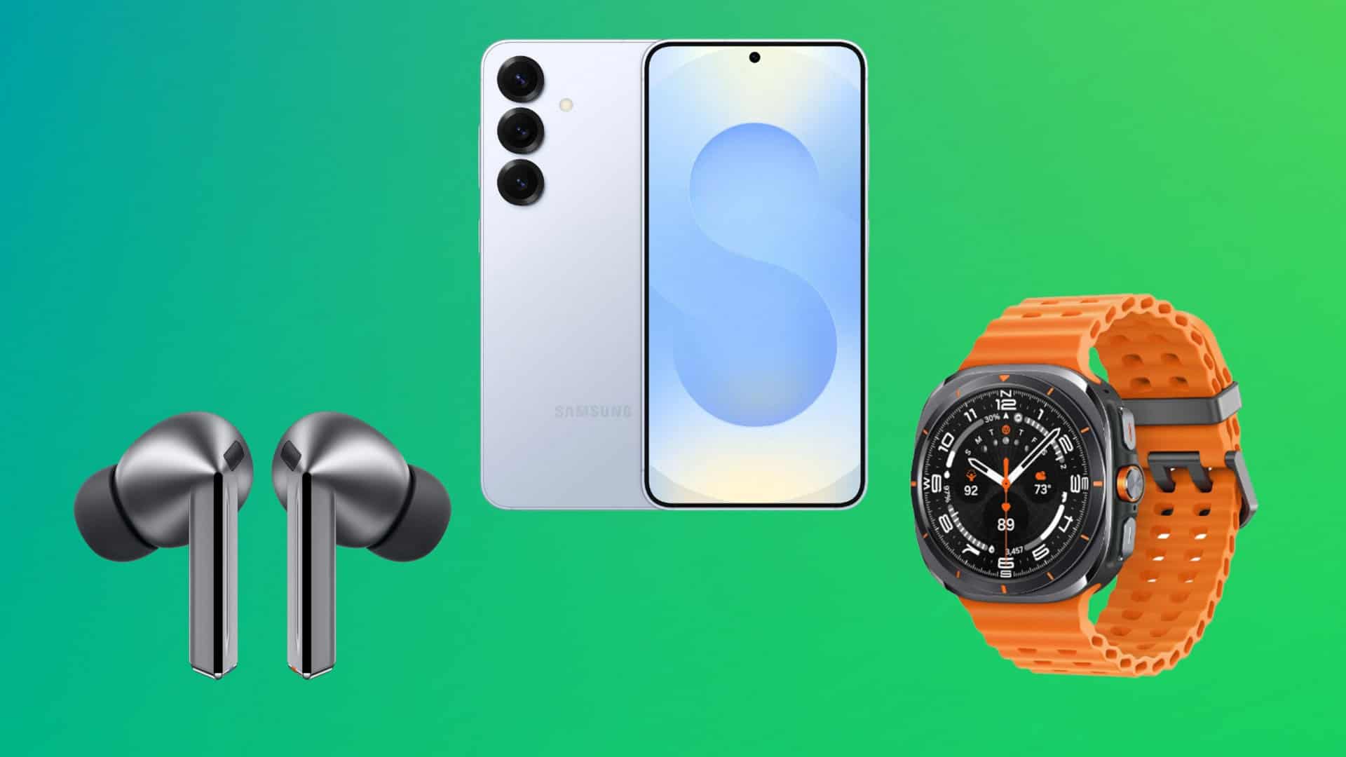 Montagem com Galaxy Buds 3 Pro, Galaxy S25 5G e Galaxy Watch Ultra, todos aparelhos do ecossistema da Samsung à venda na Amazon