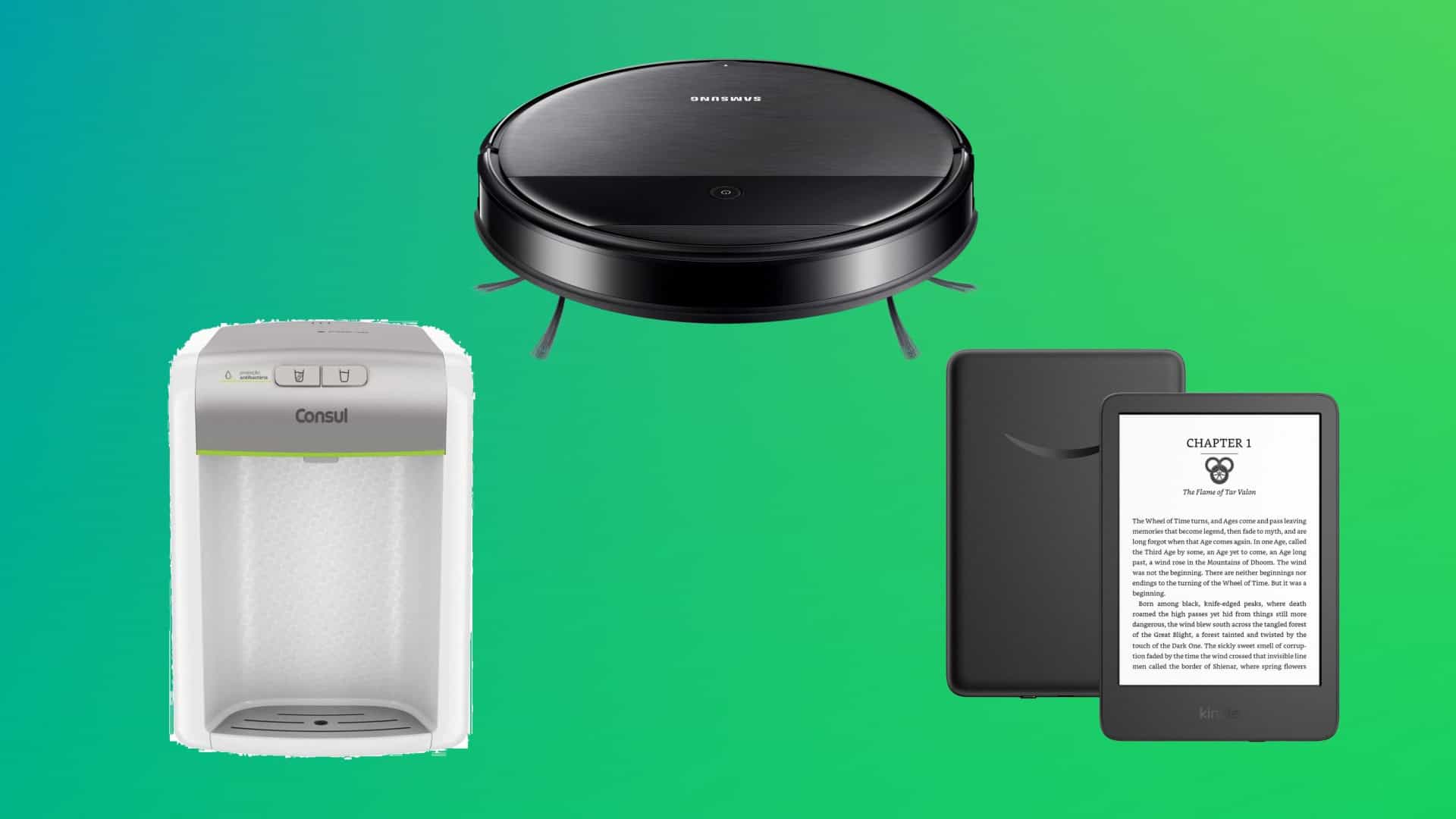 Montagem com filtro de água da Consul, robô aspirador de pó da Samsung e Kindle preto