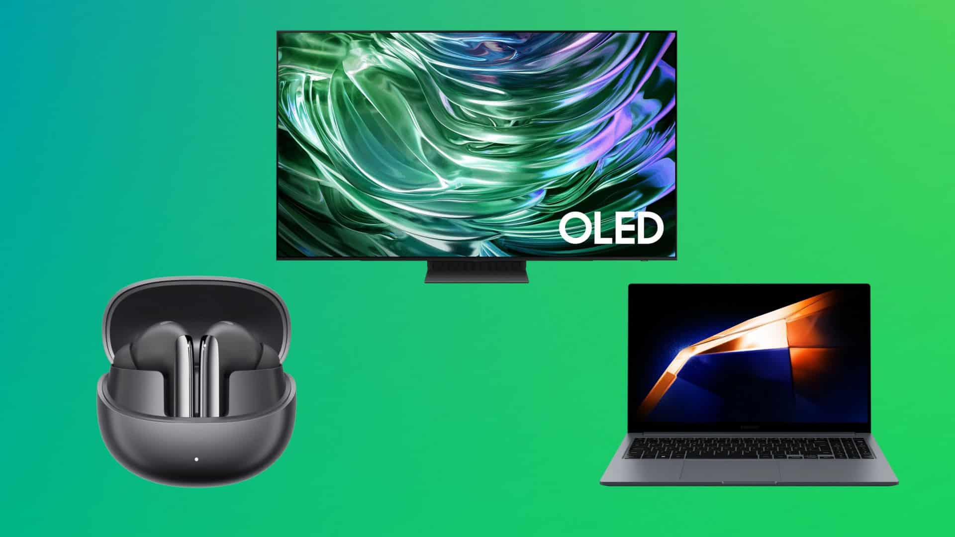 Montagem com fone de ouvido sem fio da QCY, smart TV QLED e notebook da Samsung, todos em oferta na Amazon