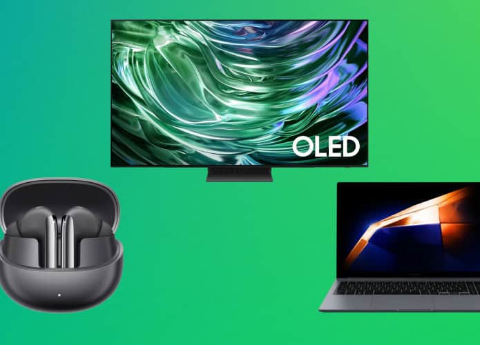 Montagem com fone de ouvido sem fio da QCY, smart TV QLED e notebook da Samsung, todos em oferta na Amazon