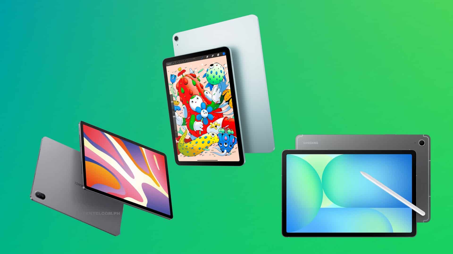 Montagem com tablets da Huawei, Apple e Samsung que estão à venda na Amazon e têm entrega rápida