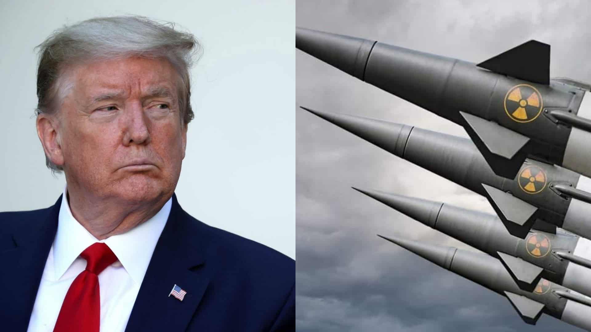 Montagem com fotos de Donald Trump olhando para o lado e de mísseis nucleares apontados para cima na diagonal