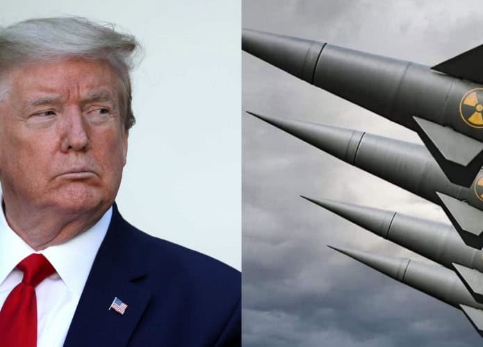 Montagem com fotos de Donald Trump olhando para o lado e de mísseis nucleares apontados para cima na diagonal