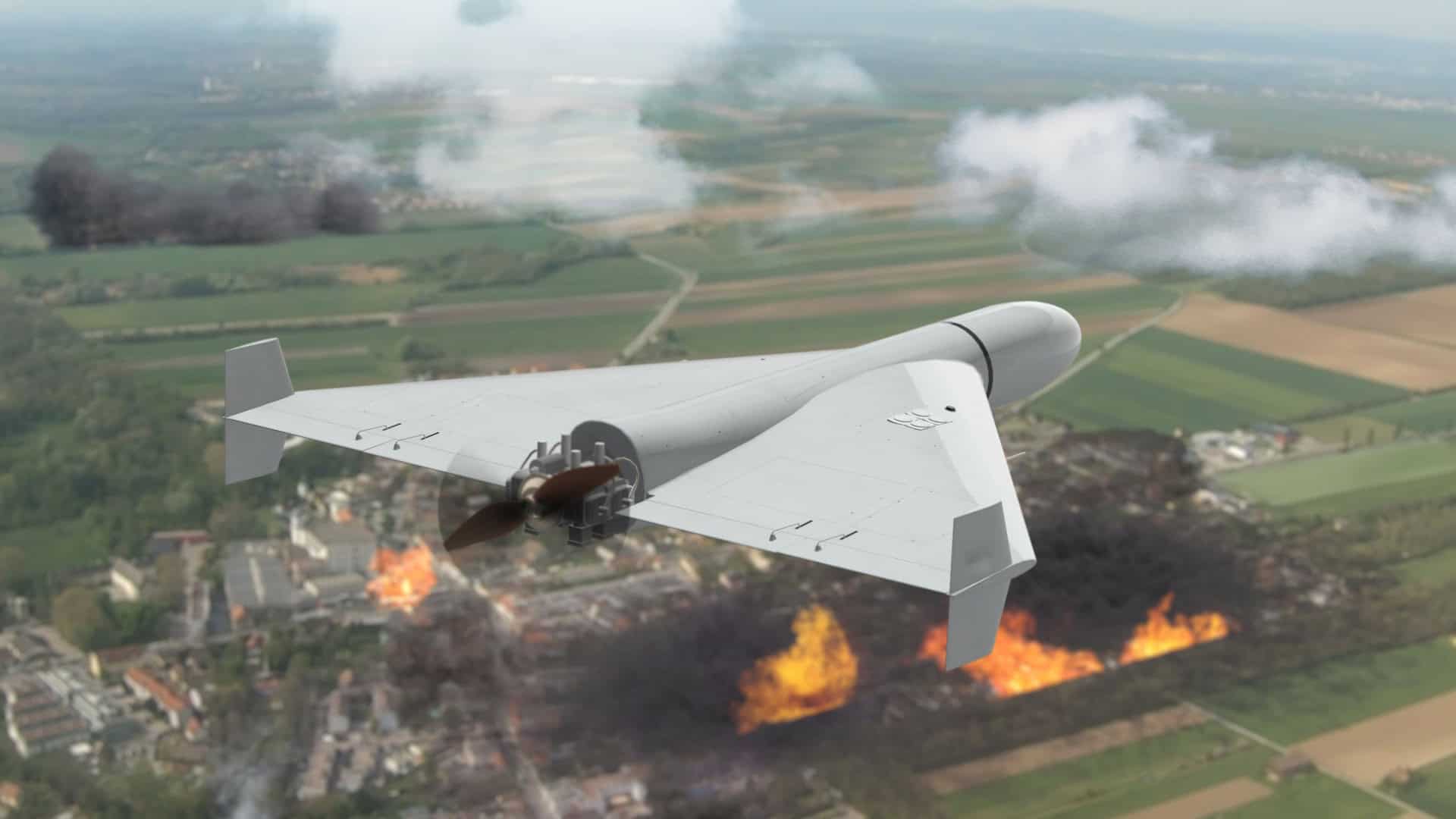 Ilustração de drone sobrevoando cidade em chamas na Ucrânia
